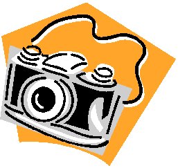 Stylized black-and-white vintage camera with strap on orange hexagonal background.