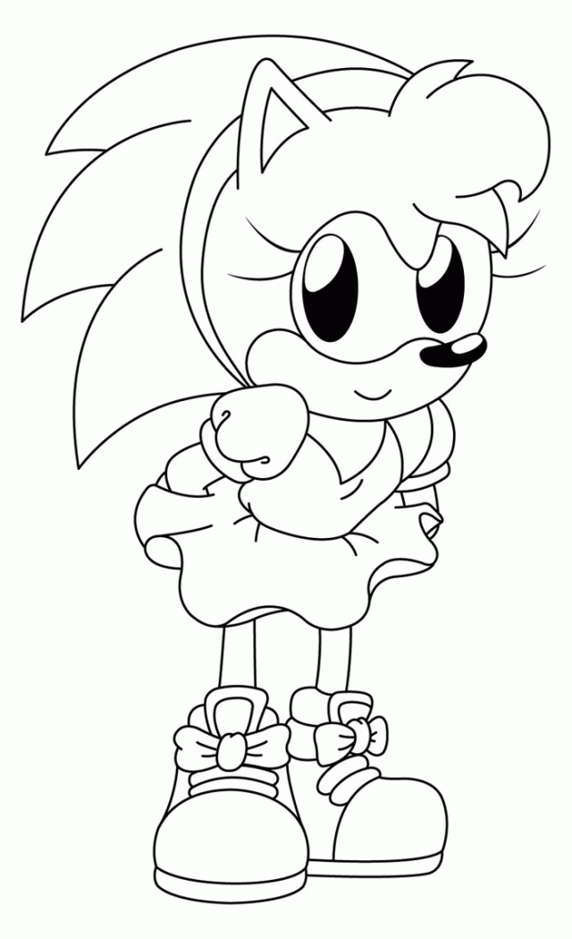Chibi-style female hedgehog character with spiky quills, large eyes, dress, and bow-adorned shoes, in black-and-white line art.