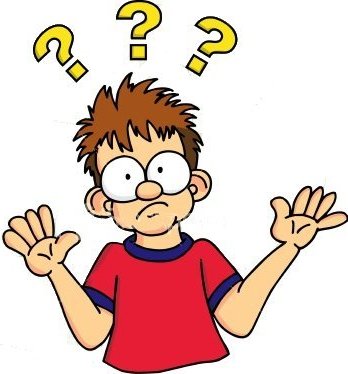 Confused cartoon boy with question marks above head, hands raised in uncertainty.