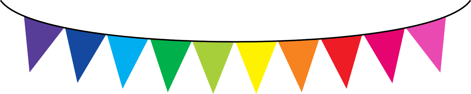 Rainbow-colored triangular bunting flags strung in a festive line against a black background.