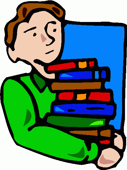 A cartoon boy in a green shirt holding a tall stack of colorful books against a blue background.