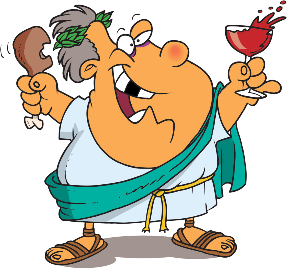 Jovial Roman man in toga holding roasted chicken leg and splashing red wine glass, wearing laurel wreath and sandals.