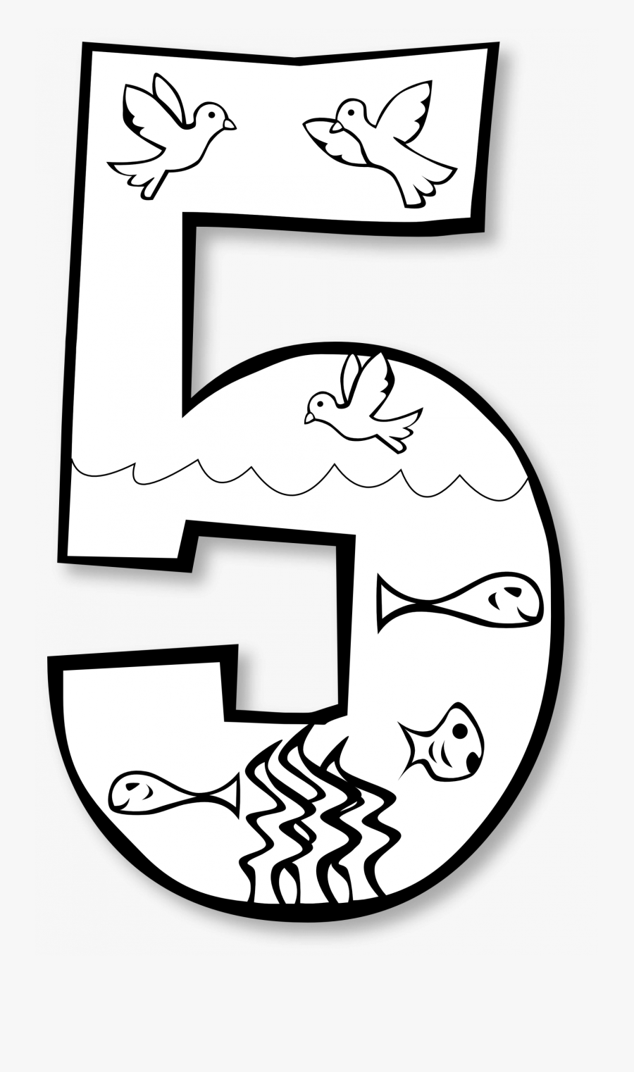 Number 5 Coloring Page for Kids - Birds and Fish Theme