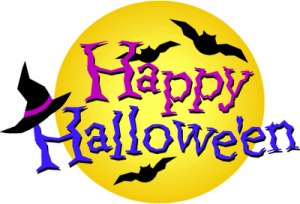 Happy Halloween graphic with purple text, black bats, and a witch hat on a yellow moon background.