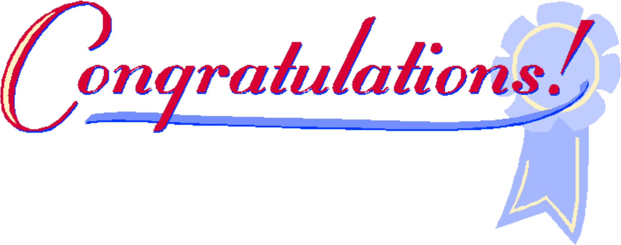 Red cursive "Congratulations!" text with blue underline and light blue ribbon badge on white background.