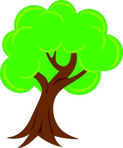 Bright green cartoon tree with a thick brown trunk and rounded canopy, stylized for educational or children’s content.