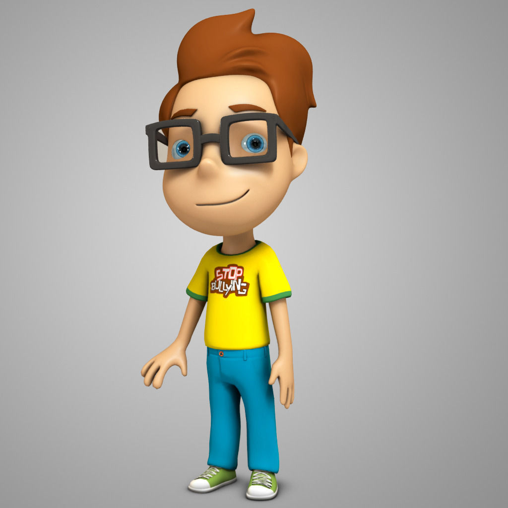 Friendly 3D cartoon boy with glasses, yellow "Stop Bullying" shirt, blue pants, and green sneakers.