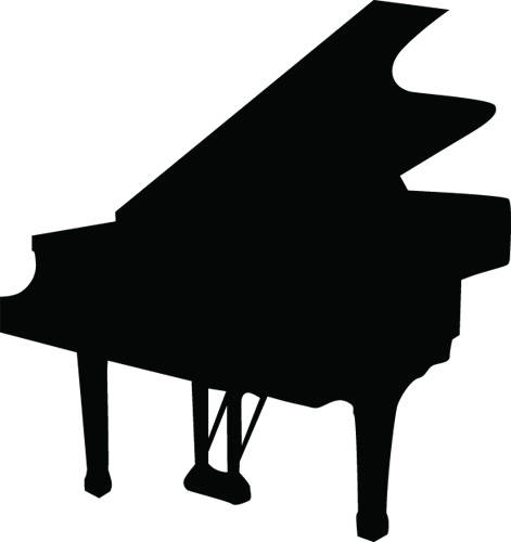 Silhouette of a grand piano with open lid, showing elegant curved body and three legs.