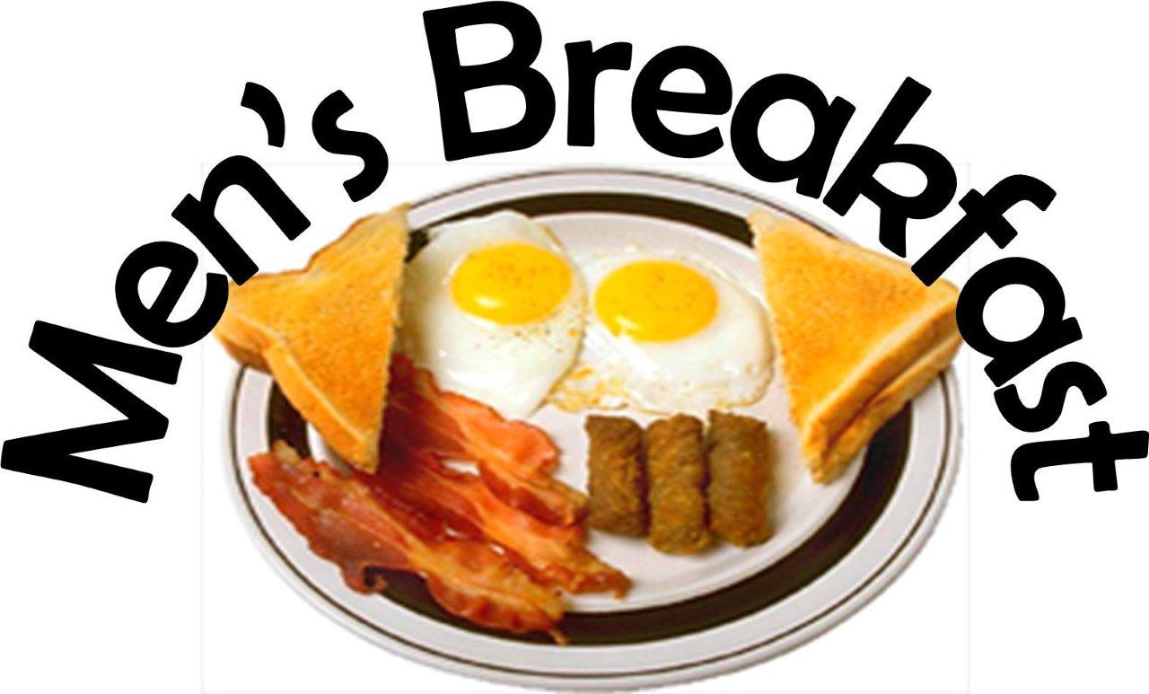 A hearty "Men's Breakfast" plate featuring two sunny-side-up eggs, crispy bacon, sausage links, and toast triangles.