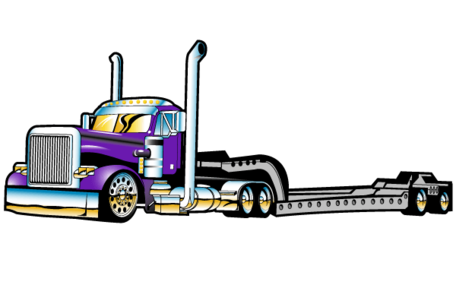 Purple semi-truck with chrome accents and flatbed trailer, cartoon-style illustration.