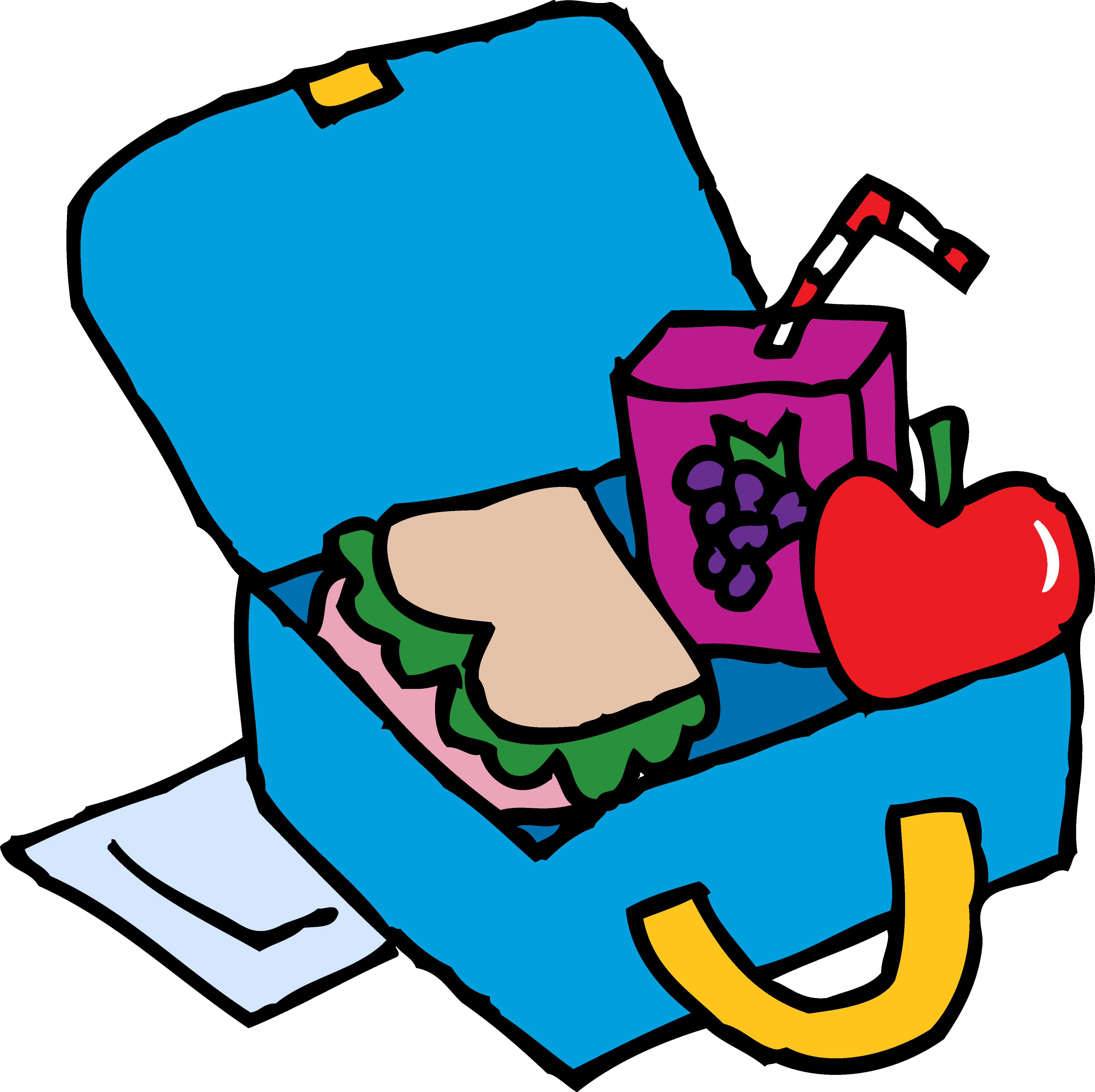Open blue lunchbox containing a sandwich, apple, juice box, and napkin.