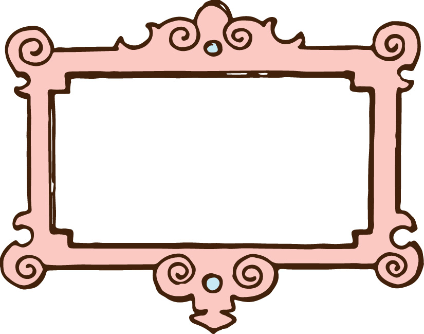 Delicate pink ornamental frame with brown scrollwork and light blue gem accents, hand-drawn style.
