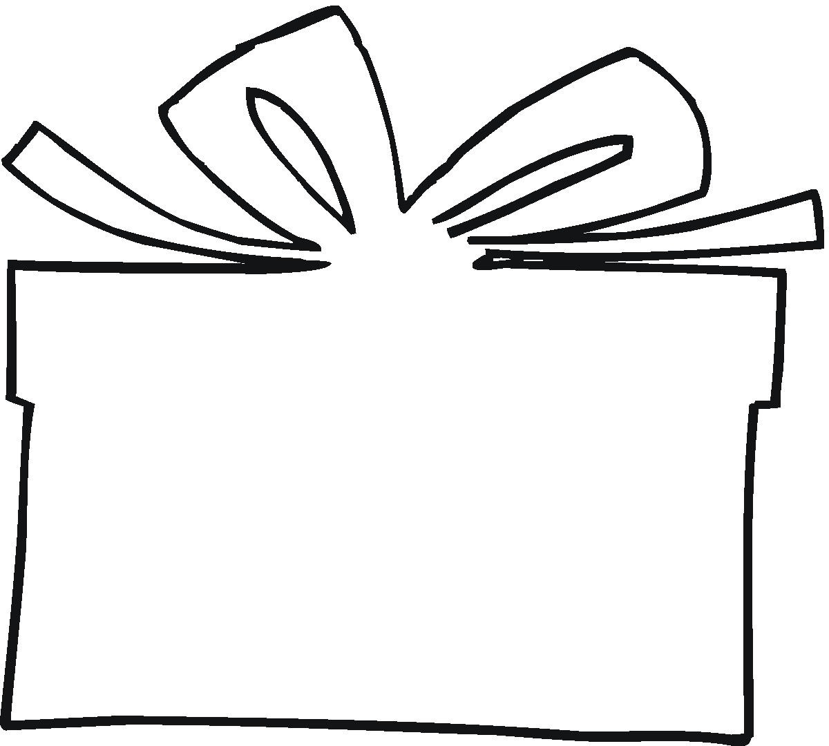 Simple black-and-white line drawing of a gift box with a decorative ribbon bow on top.