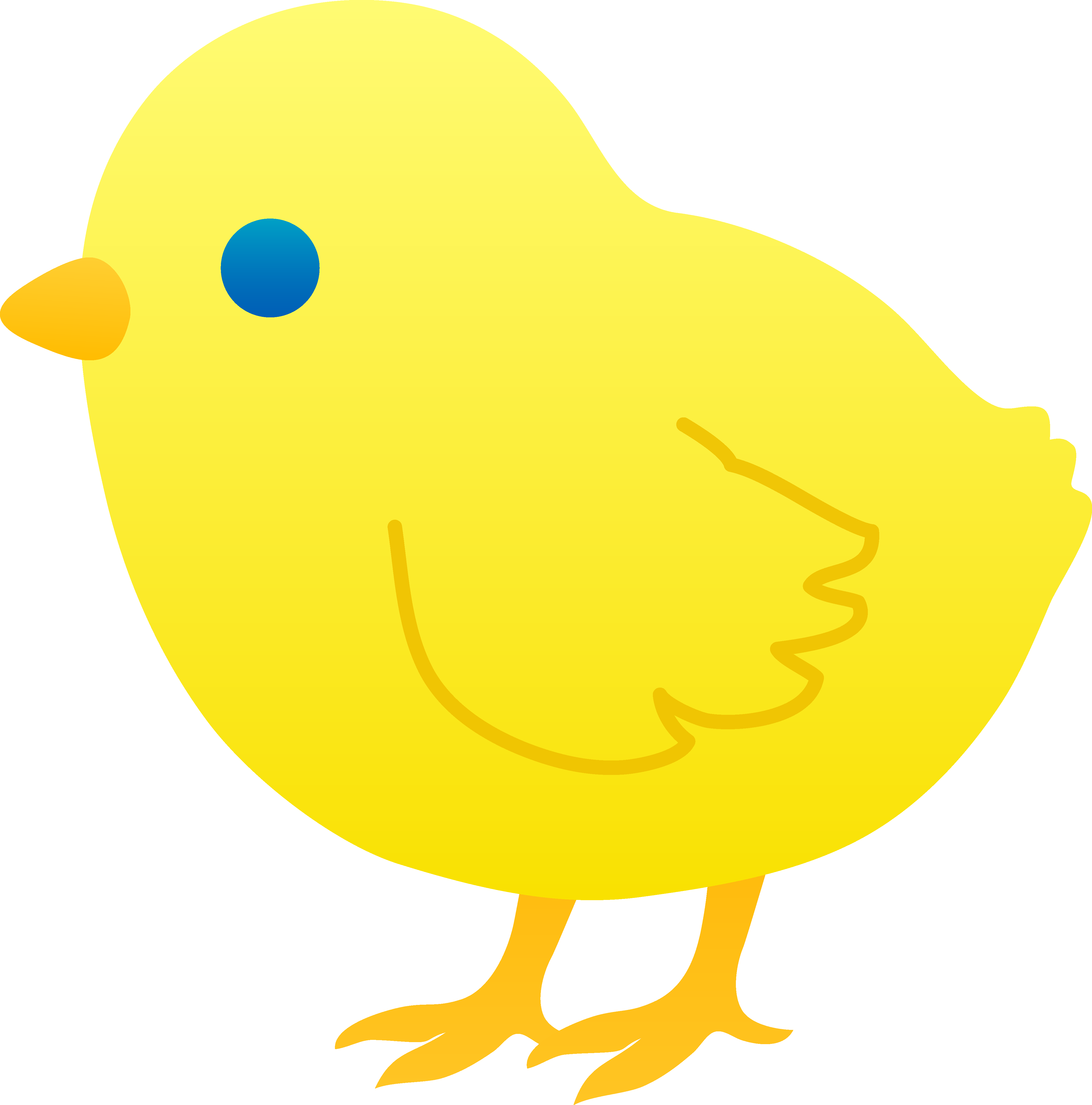 Bright yellow cartoon chick with blue eye, orange beak and feet, smiling gently.