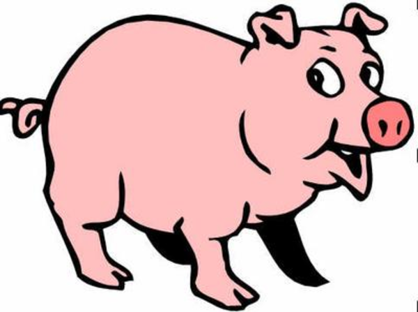 Cartoon pink pig with curly tail, smiling face, and expressive eyes standing in profile view.