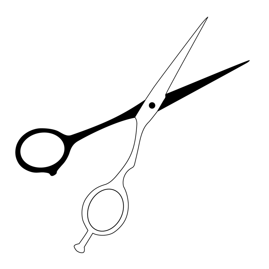 Black-and-white line drawing of professional hairdressing scissors with offset finger rings and sharp blades.
