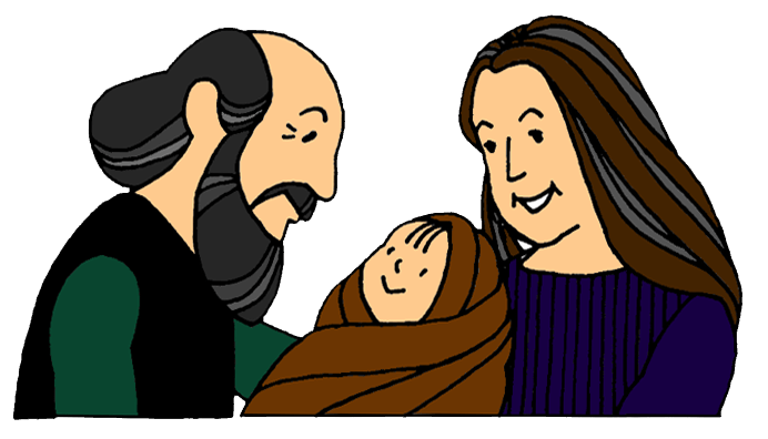 A smiling older man and woman hold a swaddled newborn baby together, conveying warmth and family bonding.