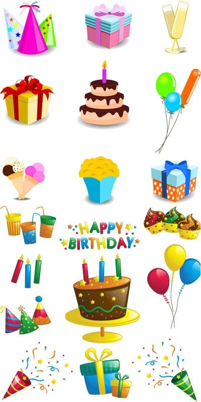 Collection of colorful birthday party icons including cakes, gifts, balloons, hats, and confetti.