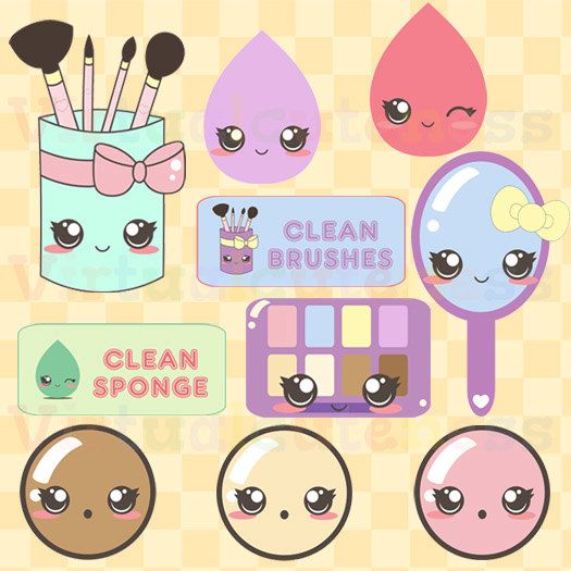 Cute kawaii-style makeup tools and accessories with expressive faces, including brushes, sponge, palette, mirror, and droplets.