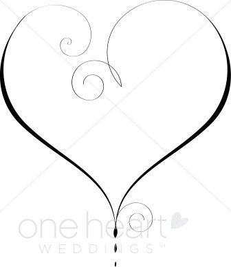 Elegant black-and-white heart outline with decorative swirls and "oneheart WEDDINGS" watermark.