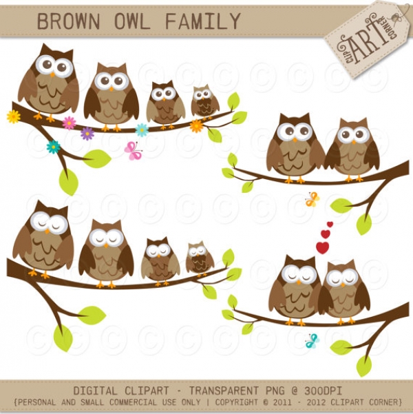 Brown owl family clipart with adults and owlets on tree branches, flowers, butterflies, and hearts; transparent PNG.