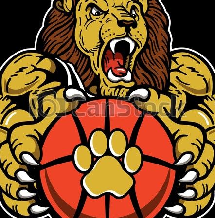 Fierce lion mascot gripping a basketball with muscular arms and sharp claws, roaring aggressively.