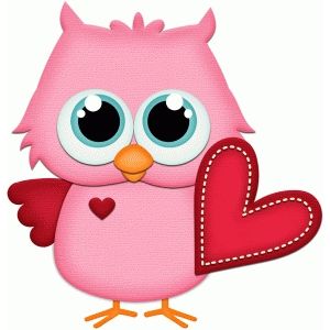 Pink cartoon owl with big eyes holding a red heart, symbolizing love and affection.