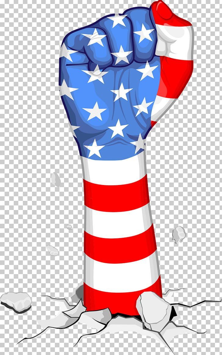 A clenched fist wrapped in the American flag breaking through concrete, symbolizing strength and patriotism.