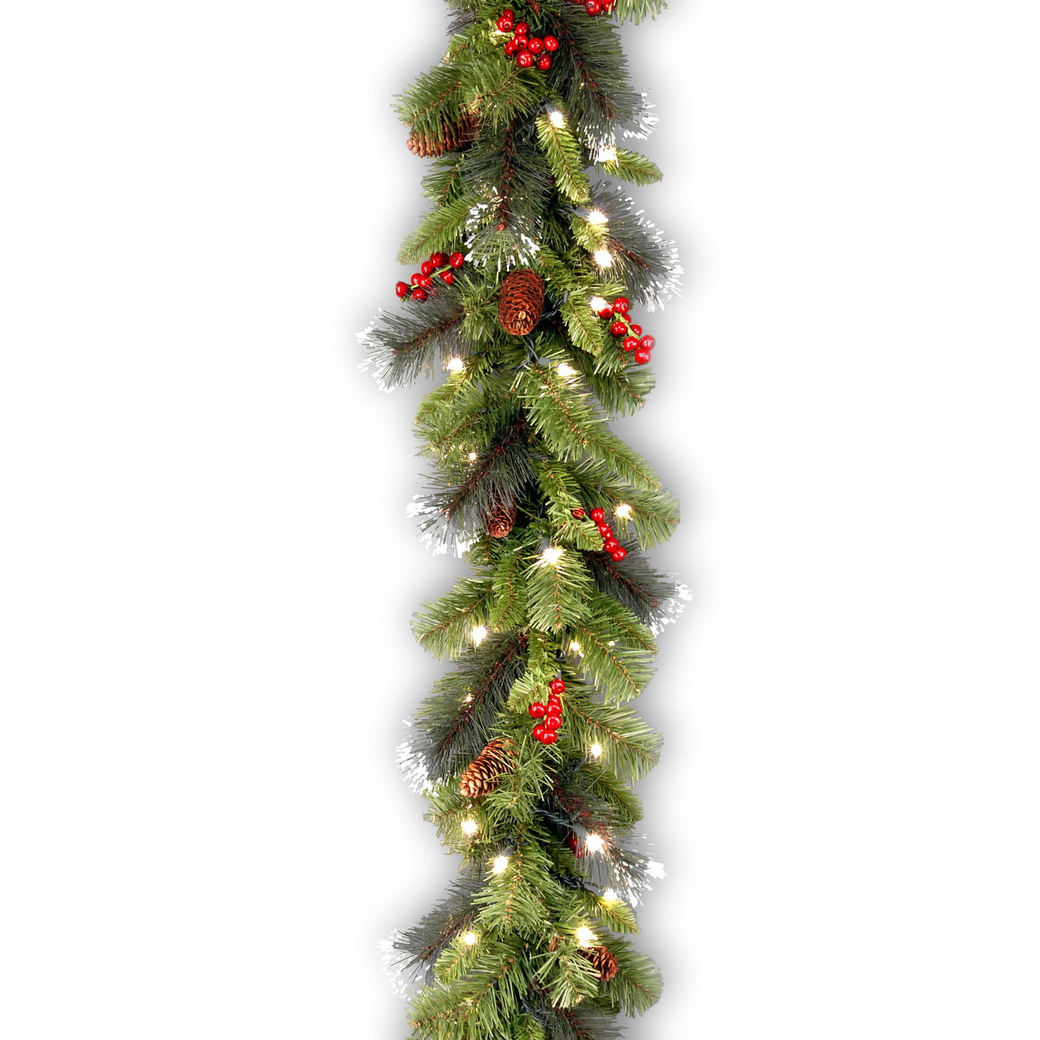 Frosted pine garland with red berries, pinecones, and warm white LED lights on a white background.