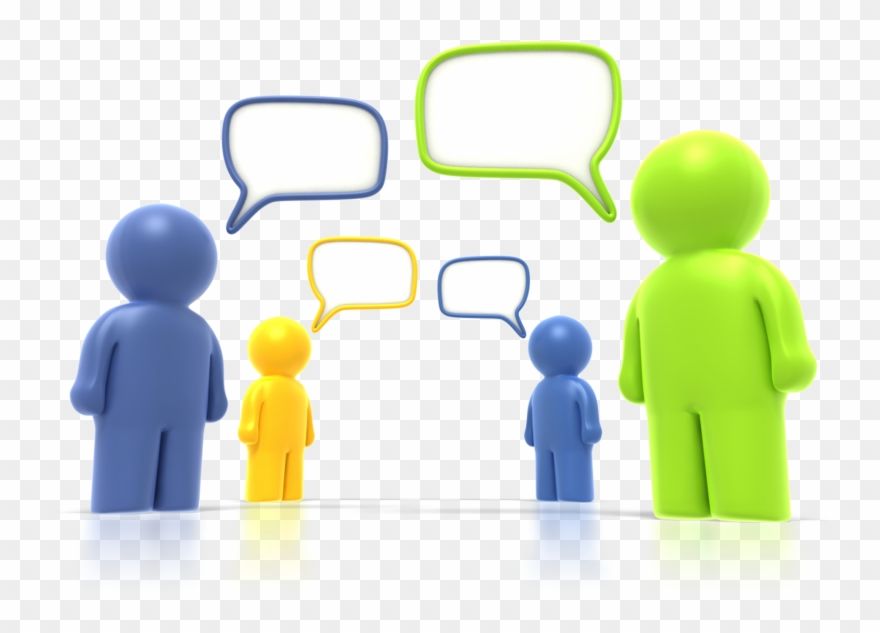 Four colorful 3D figures in a discussion with speech bubbles above them, symbolizing communication and collaboration.
