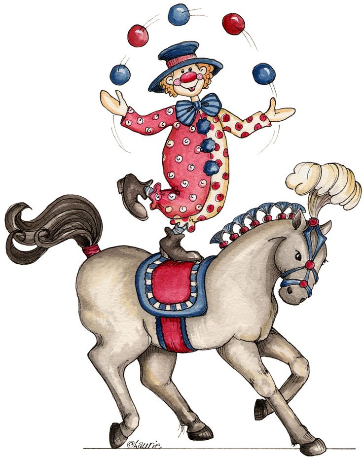 Clown juggling colorful balls while balancing on a prancing horse in circus attire.