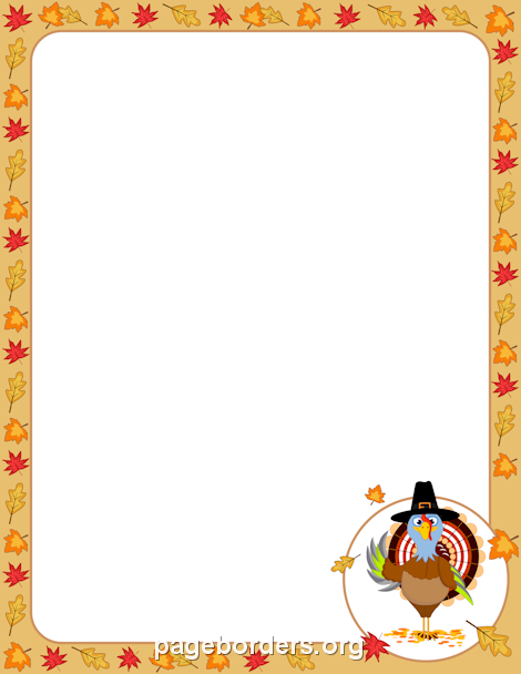 Thanksgiving-themed page border with autumn leaves and a cartoon turkey in a pilgrim hat.