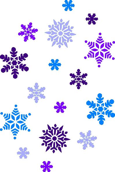 Colorful stylized snowflakes in purple, blue, and lavender scattered on white background.