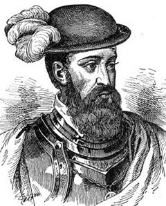 Engraved portrait of a bearded 16th-century nobleman wearing a plumed hat and ornate armor.