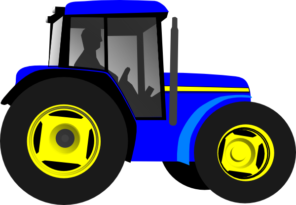 Blue farm tractor with yellow wheels and cabin, side view illustration.