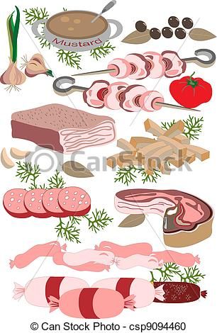 Illustrated collection of meat cuts, sausages, herbs, mustard, garlic, and spices for culinary use.