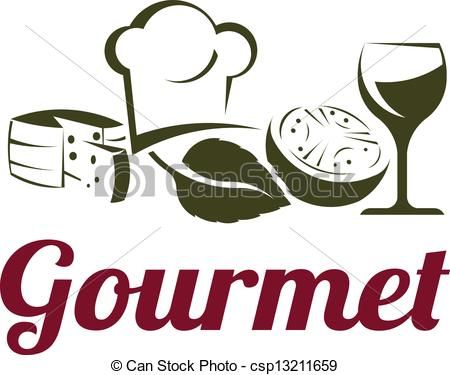 Gourmet food logo featuring chef’s hat, cheese, leaf, pizza slice, and wine glass with "Gourmet" text in red script.