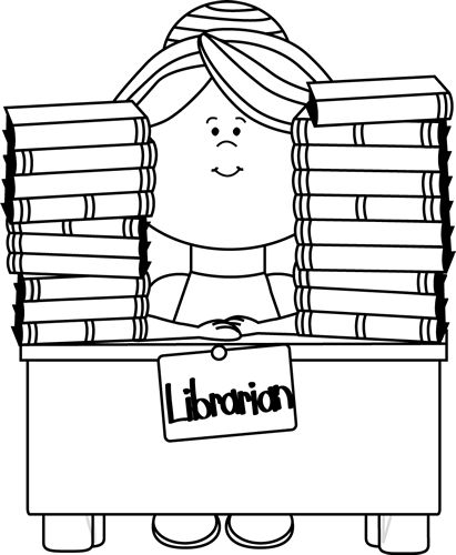 A smiling librarian sits behind a desk piled high with books, wearing a headband and a name tag reading "Librarian".