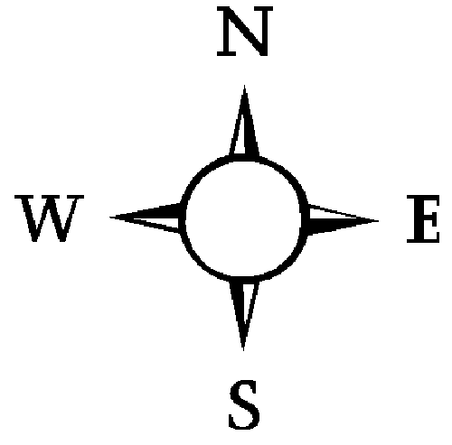 Simple black-and-white compass rose showing cardinal directions N, E, S, W.