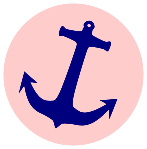 Navy blue anchor silhouette centered on a soft pink circular background, minimalist nautical icon.
