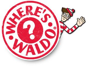 Where's Waldo logo featuring red circular stamp with question mark and Waldo peeking from behind waving.