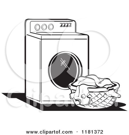 Black-and-white illustration of a front-loading washing machine beside a laundry basket filled with clothes.