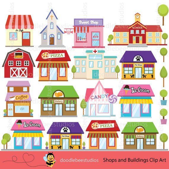 Colorful cartoon clip art of various shops and buildings including pizza, ice cream, school, church, and pet shop.