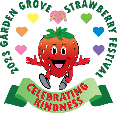 2023 Garden Grove Strawberry Festival logo featuring a smiling strawberry mascot surrounded by colorful hearts and the theme "Celebrating Kindness".