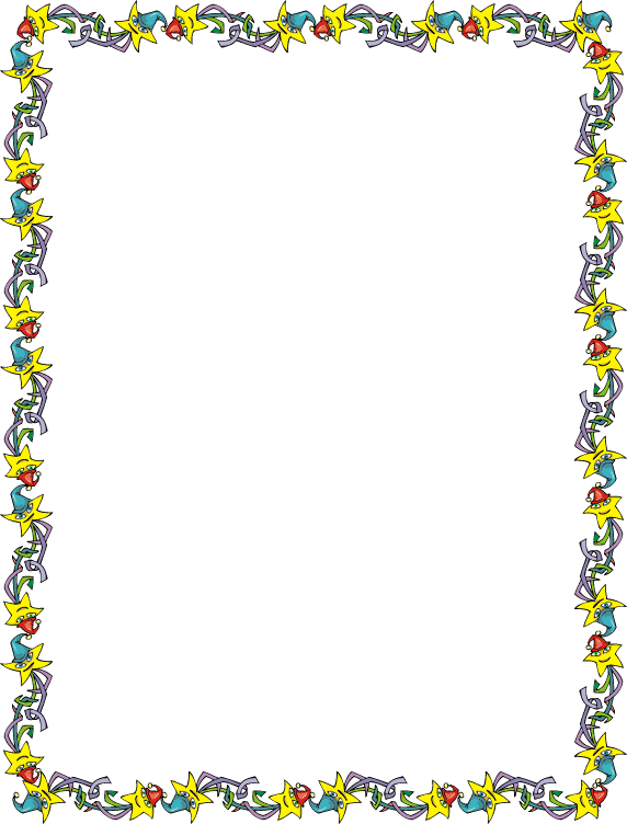 Colorful cartoon border with yellow stars, red hearts, blue birds, and purple vines on white background.