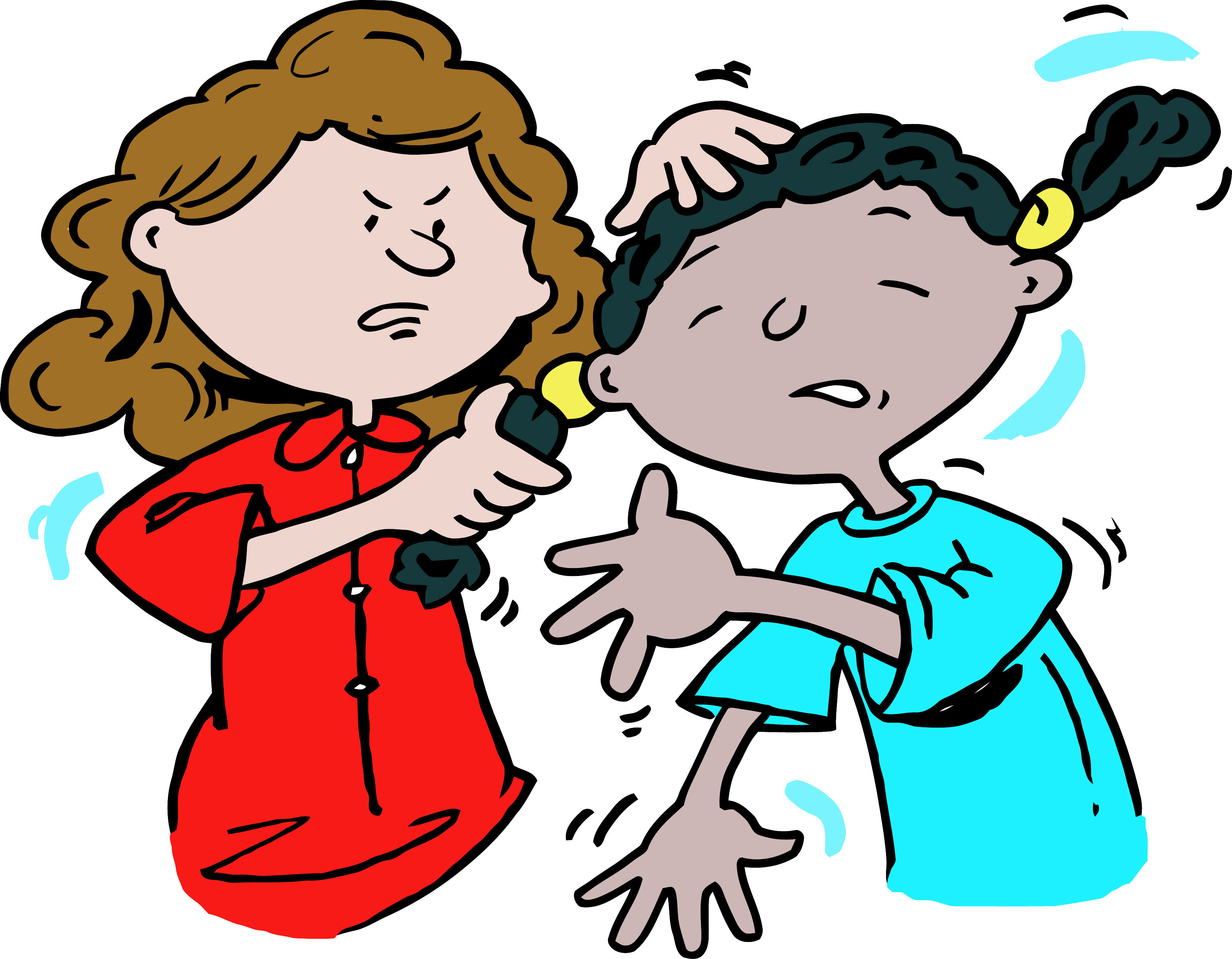 A cartoon of a woman in red styling another girl's hair with a hairdryer while the girl looks uncomfortable.