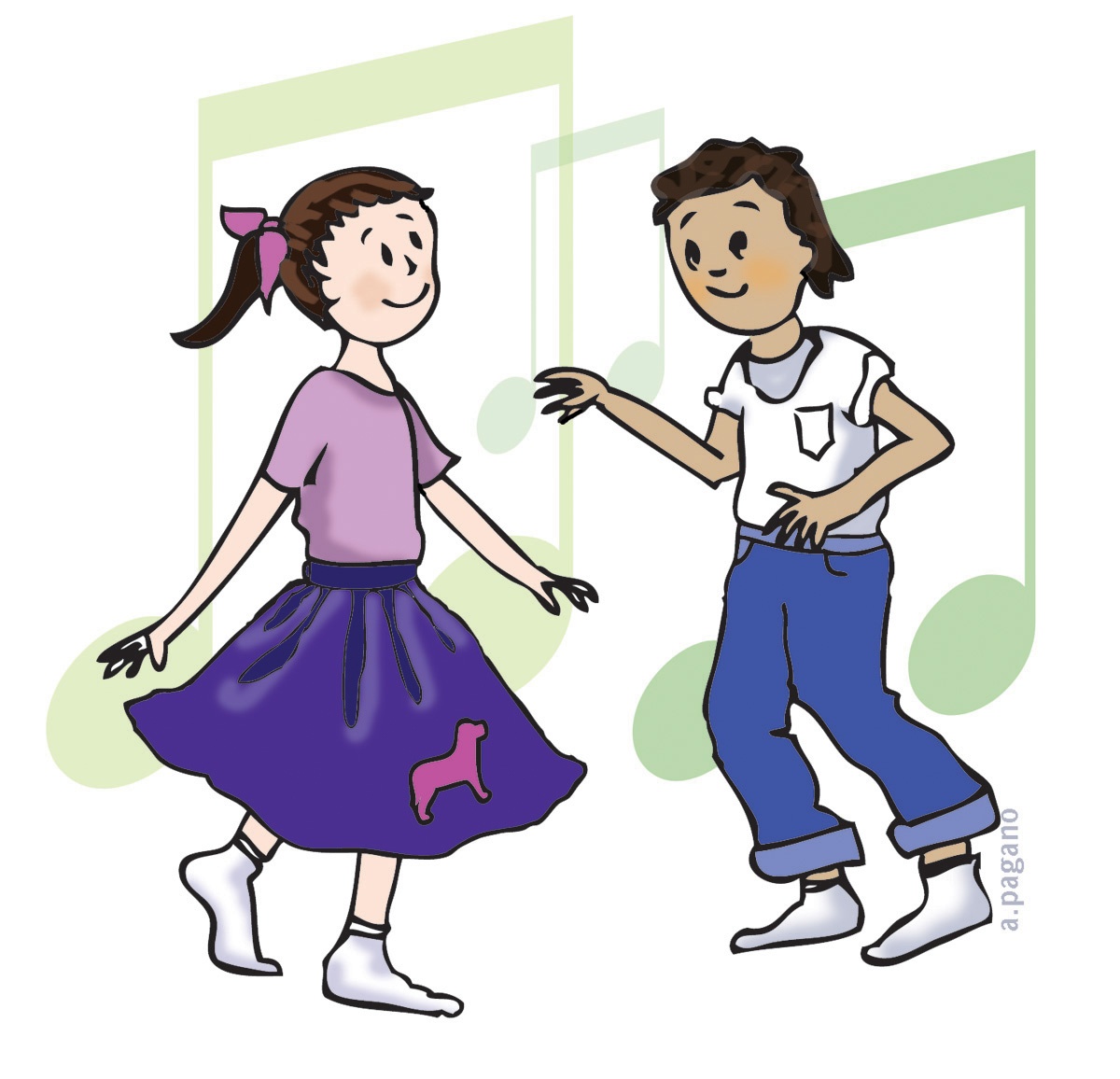 Two smiling children dancing joyfully with musical notes in the background.