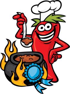 Cheerful red chili pepper chef holding ladle over flaming pot, wearing chef's hat and blue ribbon.