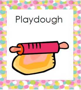 Colorful illustration of a pink rolling pin flattening yellow playdough on a polka-dot background with the word "Playdough".