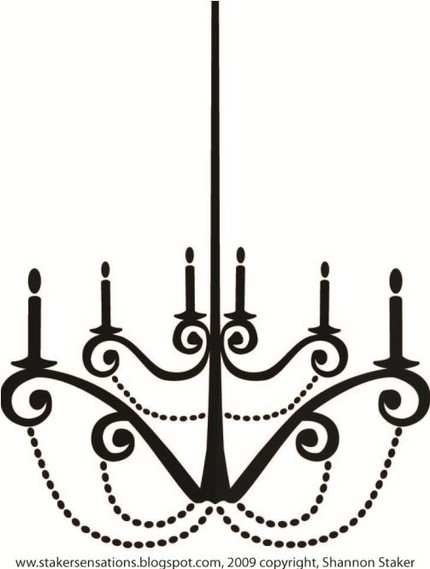 Black silhouette of an ornate chandelier with six candle arms and decorative scrollwork, hanging from a central rod.
